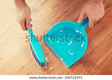 Similar – Image, Stock Photo Hand brushes to sweep and broom handle hanging on the wall in a storage room