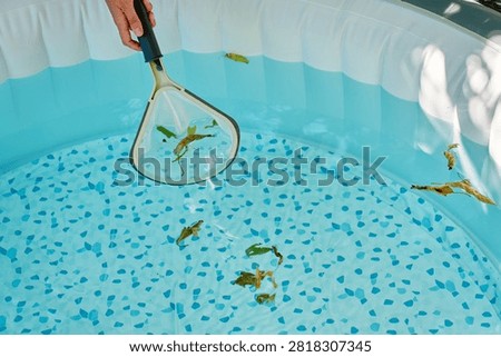 Cleaning inflatable pool with net, scooping leaves from blue water in summer sunlight. Concept of pool care, home maintenance and outdoor leisure.