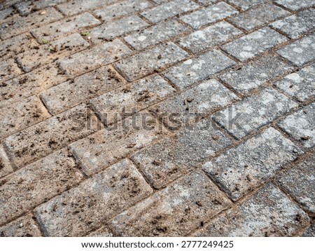 Cleaning interlocking paving blocks, comparison of dirty and cleaned pavement surface. Close up of outdoor paving during maintenance and dirt removal.