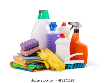 Cleaning items isolated white background