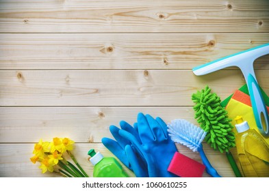 Cleaning Items On Wooden Background