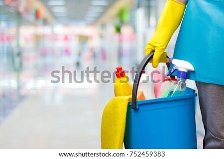 Cleaning lady with a bucket and cleaning products on blurred background. Сток-фото © 