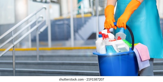 Cleaning Lady Bucket Cleaning Products Stands Stock Photo 2191587207 ...