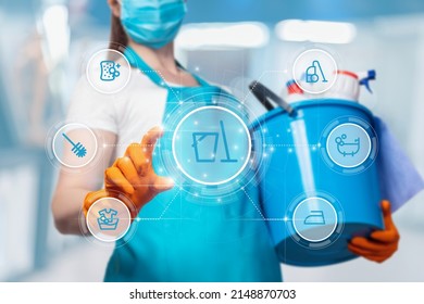 Cleaning Lady Clicks On Icon On Virtual Computer Screen.