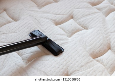 Cleaning Mattress By Vacuum Cleaner. Dust Mites On Bed, Texture. Concept : Allergy In Bed Room.