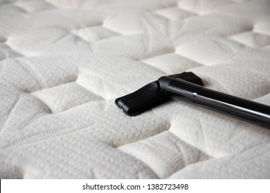 Cleaning Mattress By Vacuum Cleaner. Dust Mites On Bed, Texture. Concept : Allergy In Bed Room.