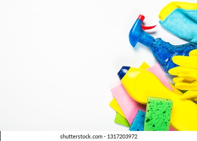 Cleaning Product, Household, Sanitary Supplies On White Background. Top View With Copy Space.