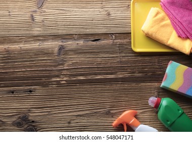 Cleaning products. Home cleaning concept. Top view. Place for typography and logo. - Shutterstock ID 548047171