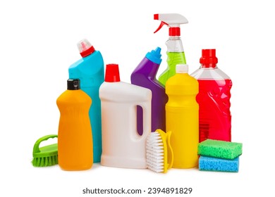 Cleaning products for home cleaning isolated on white background. Cleaning concept. Close-up. Household chemicals.Cleaning and detergents in plastic bottles, sponges and gloves. - Powered by Shutterstock