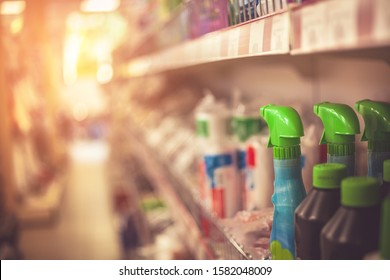 Cleaning Products, Sprays And Cans On Supermarket Shelf