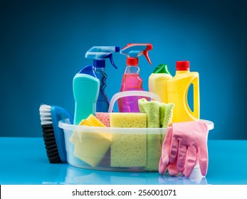 Cleaning Products And Supplies In Basket
