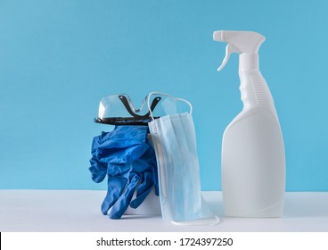 Cleaning Products Various Surfaces In The Kitchen, Bathroom And Other Areas. Concept Of Cleaning Services. Copy Space