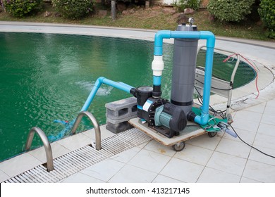 Cleaning Pump Working With A Swimming Pool.