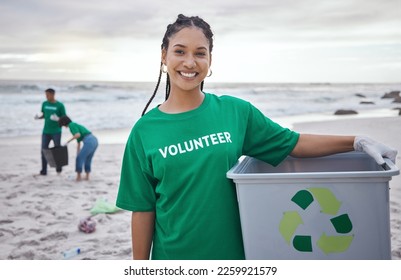 Cleaning, recycle and portrait of black woman at beach for plastic, environment or earth day. Recycling, sustainability and climate change with volunteer and trash for pollution and eco friendly - Powered by Shutterstock