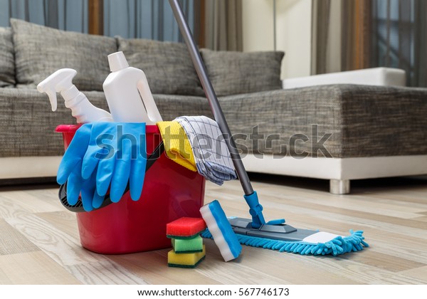 Cleaning\
service. Bucket with sponges, chemicals bottles and mopping stick.\
Rubber gloves and towel. Household\
equipment.