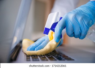 Cleaning Service Disinfects Office, Antiseptic Processing Of Computer From Coronavirus And Germs.