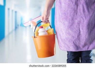 Cleaning Service In Hospital, Cleaner Woman With Detergents, Disinfection, Housemaid