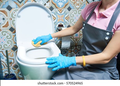 Cleaning Service. Woman Clean Toilet Sink