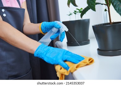Cleaning service. Woman wiping windowsill surface at home - Shutterstock ID 2145353037