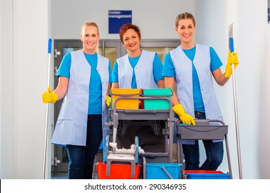 Cleaning Service At Work, Tree Women In Teamwork