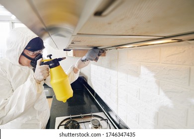 Cleaning Service Worker Spraying Detergent On Greasy Range Hood Filter In Kitchen Of Client