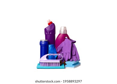 Cleaning Set With Tools And Products, On A White Background, Horizontal, No People,
