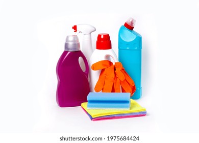 Cleaning Set With Tools And Products, On A White Background, Horizontal, No People,
