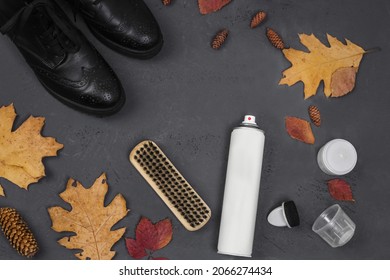 Cleaning Shoes. Shoe Brush, Shoe Polish And Water Repellent Shoe Spray. Rain Protection. Boots With Autumn Leaves On Black Stone Background.