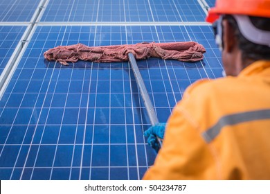 Cleaning Solar Panel In Solar Power Plant 