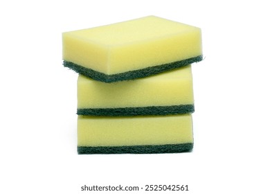 Cleaning sponges, isolated on white background these sponges are rectangular in shape and have two distinct layers for commonly used for cleaning dishes, countertops, and other household surfaces. - Powered by Shutterstock