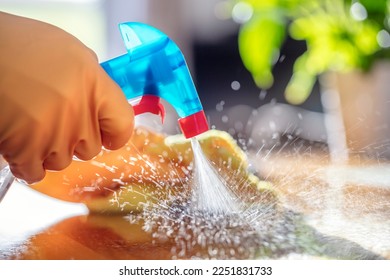 Cleaning spray detergent, rubber gloves and dish cloth on work surface concept for hygiene, infectious desease and coronavirus protection - Powered by Shutterstock