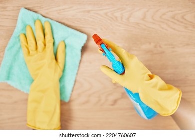 Cleaning Spray, Glove Hands And Wipe Table, Counter And Wood Surface For Housekeeping Service At Home. Above Of Maid, Janitor And Cleaner Dust Cloth Chore, Furniture Shine And Chemical Bottle Product