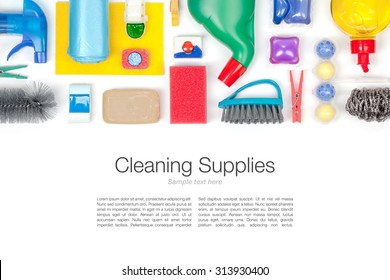 Cleaning Supplies On White Background Top View