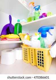 Cleaning Supplies And Tools Stored On Shelves In Storage Place