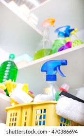 Cleaning Supplies And Tools Stored On Shelves In Storage Place