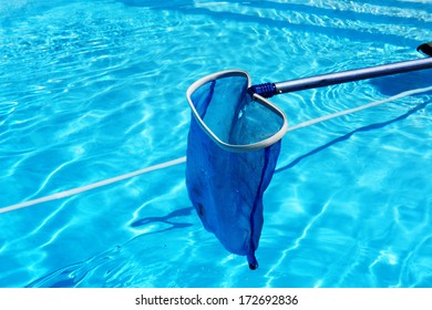 Cleaning Swimming Pool Blue Skimmer Before Closing