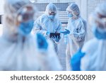 Cleaning, tablet or team of scientists in hazmat or mask virus for sanitation research in outbreak crisis. Technology, teamwork and people outside for healthcare report, covid or pandemic disease