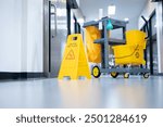 Cleaning tool carts waiting to be cleaned, buckets and cleaning equipment in a newly built hospital