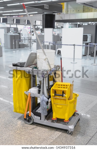 Cleaning\
tools cart at airport, high resolution\
files