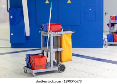 Cleaning Tools Cart Wait For Cleaning.Bucket And Set Of Cleaning Equipment In The Office And Department Store. Cleaning Service Concept