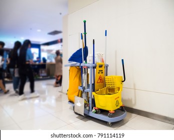 Cleaning Tools Cart Wait For Cleaning.Bucket And Set Of Cleaning Equipment In The Department Store. Cleaning Service Concept