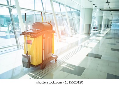 Cleaning Tools Cart Wait For Maid Or Cleaner In The Airport. Bucket And Set Of Cleaning Equipment In The Hospital. Concept Of Service, Worker And Equipment For Cleaner And Health