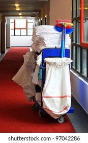 Cleaning Utility Janitorial Cart In Hotel Corridor