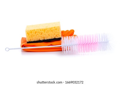 Cleaning washing sanitary handle brush with cleaning sponge and orange rubber gloves on white background isolation - Powered by Shutterstock