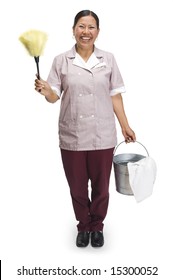 Cleaning Woman In Maid Uniform With Duster And Bucket On A White Background