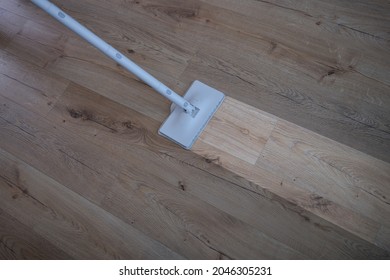 Cleaning wood floor with mop over view