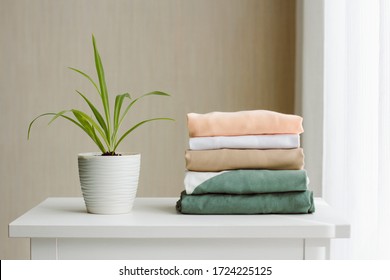 Cleanliness And Order On The White Dresser: A Neat Stack Of Clothes And A Small Well-groomed Green Houseplant Chlorophytum