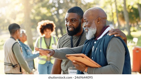 Cleanup, people and volunteers planning with tablet for support, community project or nature sustainability. Humanitarian, recycling or senior leader in charity service or NGO for park pollution - Powered by Shutterstock