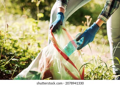 Cleanup Volunteer Collecting Trash In The Forest And Holding A Garbage Bag, Environmental Protection Concept