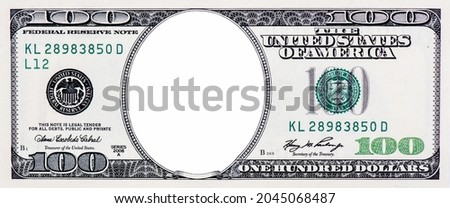Clear 100 Dollar Banknote pattern, One hundred dollar border with empty middle area, U.S. 100 highly detailed dollar banknote. on a white background.